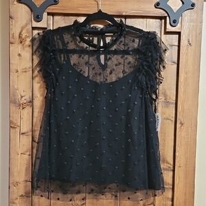 Old Navy Black 2 Piece Tank Top W/ Sheer Polka Dot Ruffled Overlay Top Size M